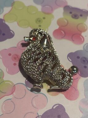 Vintage Gold Tone Poodle Dog Brooch Red Rhinestone Eye